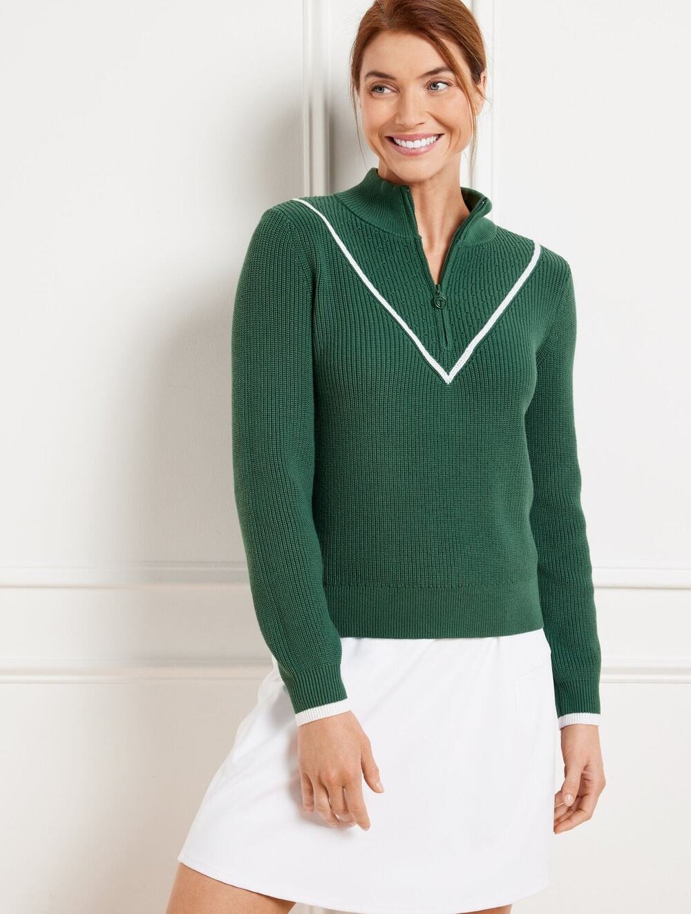 T By Talbots Sweater Medium Green Chevron Coolmax Half-Zip Pullover Cotton Blend